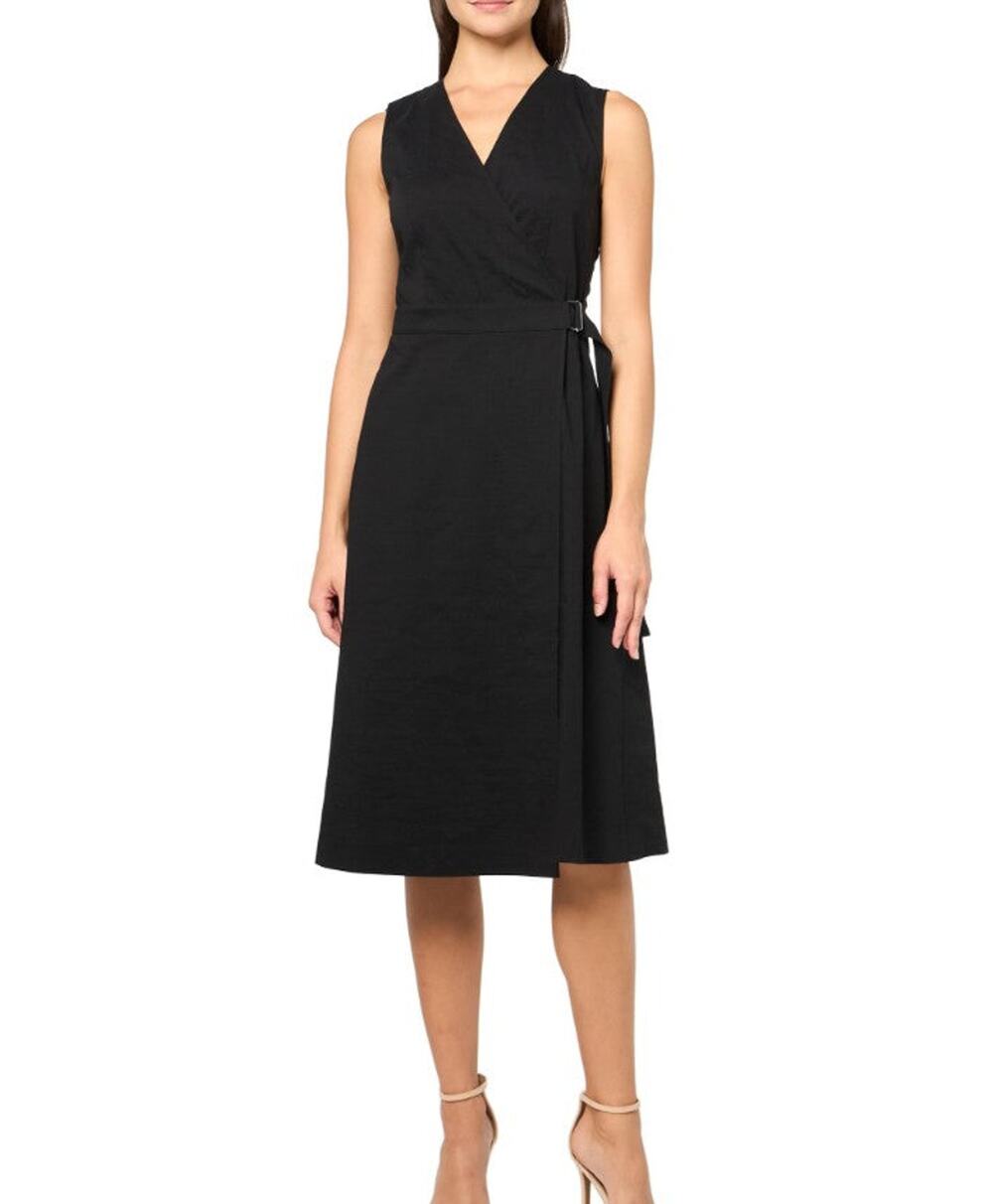 Theory Caliver 2 Navy Linen Blend Sleeveless Wrap Dress 12